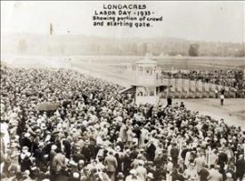 Black and White Photo of Longacres Racetrack Crowd and Starting Gate on Labor Day, 1933.
