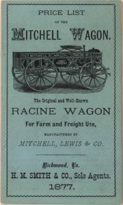 A scan of the illustrated cover of an 1877 catalog from the Mitchell, Lewis & Co.